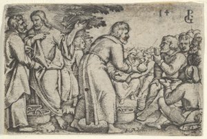 معجزة الأرغفة والأسماك ، من قصة المسيح ، 1534-1535. بواسطة جورج بينز