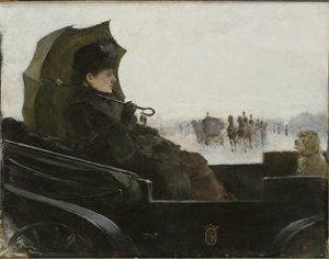 امرأة في عربة ، باريس - سيدة في عربة لاندو ، باريس ، بقلم باولي ، جورج (1855-1935). زيت على خشب