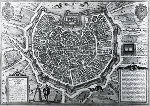 خريطة مدينة ميلانو ، في 1572 ، بواسطة أنطونيو لافريري (1512-1577) ، نشرها جورج براون وفرانز هوغنبرغ ، إيطاليا