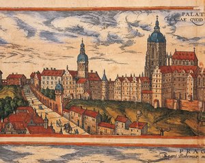 جمهورية التشيك ، براغ ، منظر للقلعة ، نقش ملون من Civitates Orbis Terrarum بواسطة Georg Braun (1541-1622) و Franz Hogenberg (1535-1590) بواسطة فرانس