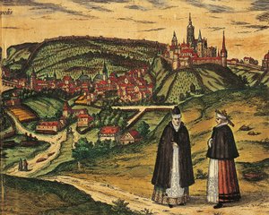 جمهورية التشيك ، براغ ، منظر للمدينة مع القلعة في الخلفية ، نقش ملون من Civitates Orbis Terrarum بواسطة Georg Braun (1541-1622) و Franz Hogenberg (1535-1590)