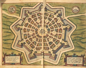 إيطاليا ، بالمانوفا ، خريطة ، نقش من Civitates Orbis Terrarum بواسطة Georg Braun و Franz Hogenberg ، نشط في كولونيا بواسطة فرانس