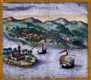 منظر لـ Canonor (أو Cannanore) في الهند من إصدار "Civitates Orbis Terrarum" بواسطة Braun و Hogenberg بواسطة فرانس