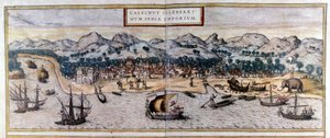 منظر لكوزيكود أو كاليكوت في الهند من أطلس "Civitates Orbis Terrarum" بواسطة Braun & Hogenberg