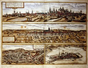 منظر لمدينتي نورمبرغ وأولم ، سالزبورغ ، النمسا. نقش من أطلس “Braun and Hogenberg” 1572
