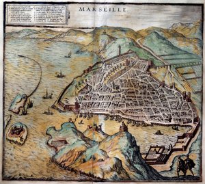 منظر لمدينة مرسيليا مع خريطة الشارع. نقش من Atlas de Braun and Hogenberg 1572 Marseille ، Musee de la Marine بواسطة فرانس