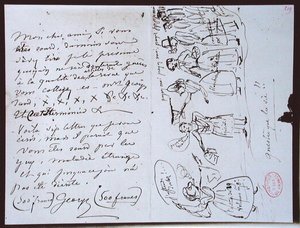 Fonds Lovenjoul E858 Ms 937 1.219 رسالة من جورج ساند (1804-1876) إلى فرانسوا بولوز ، محرر "Revue des Deux Mondes" ، تطلب دفع مبلغ مع رسم كاريكاتوري للكاتبة تظهر نفسها محاطة بالدائنين بواسطة جورج ساند