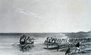 القوارب التي تطير عائمة ، من "سرد رحلة استكشافية ثانية إلى شواطئ البحر القطبي في السنوات 1825-27" للسير جون فرانكلين (1786-1847) نقشها إدوارد فيندن (1791-1857) نُشر عام 1828 (نقش) بواسطة جورج (بعد) العودة