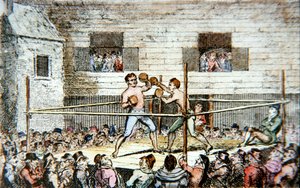 مباراة السجال في ملعب الخمس ، لندن ، من طبعة نشرت عام 1812 (لون ليثو) بواسطة جورج (بعد) كروكشانك