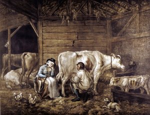 The Cowshed mezzotint بعد الفنان الإنجليزي جورج مورلاند (1763-1804). راعي البقر يحلب في دلو. Milkmaid ينتظر ، ممسكًا بنير يحمل الدلاء. دور علوي هاي: فانوس: دجاج. حلابات اللبن "جميلة" لأنها لم تميز الجدري لأن جدري البقر أعطت مناعة.