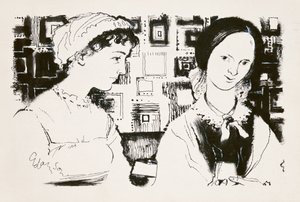 جين أوستن (1775-1817) وشارلوت برونتي (1816-55) - لقاء خيالي (حبر هندي على متن الطائرة) بواسطة جورج آدمسون