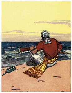هجر قرصان على جزيرة مهجورة ينظر إلى خط الأفق رسم توضيحي من "The Boys Books of Pirates" بقلم جورج ألبرت ويليامز (1875-1932) 1914