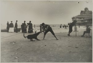 فتى وكلب ، أيرون بيير ، جزيرة كوني ، بروكلين ، c.1885 (طبعة الجيلاتين الفضية المطبوعة) بواسطة جورج برادفورد برينرد