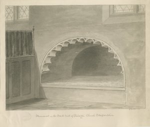 كنيسة بنكريدج - النصب التذكاري في الجدار الجنوبي: رسم بني داكن ، 1841 بواسطة جورج باكلر