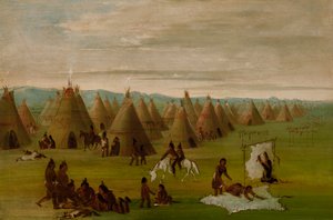 قرية كومانتش ، ملابس النساء وتجفيف اللحوم ، 1834-1835. بواسطة جورج كاتلين