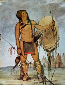 Comanche warrior with a shield, lance and bow and arrows, c.1835 (colour litho) بواسطة جورج كاتلين