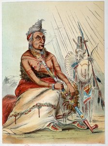 هنود أمريكا: صورة لشيف هندي عجوز يدخن غليونه المسمى The Black Mocassin. رسم جورج كاتلين (1794-1872) بواسطة جورج كاتلين