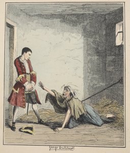 جاك شيبارد يزور والدته في Bedlam ، رسم توضيحي من Jack Sheppard: A Romance by William Harrison Ainsworth ، نشر عام 1839 (النقش الملون يدويًا)
