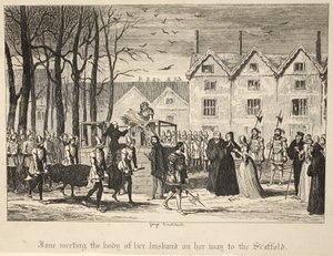 جين تلتقي بجسد زوجها في طريقها إلى سقالة ، من حانة برج لندن. 1840 بواسطة جورج كروكشانك