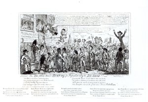 سبا فيلدز خطيب خطيب البحث عن الشعبية لفعل الخير !! ، حانة. بقلم J. Sidebotham ، 1817 بواسطة جورج كروكشانك