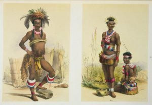 N&39;Pae a Young Zulu in Dress Gala and Two of the King Panda&39;s Dancing Girls، plate 19 from &39;The Kafirs Illustrated&39;، 1849