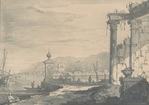 مشهد ساحلي به خراب كلاسيكي على اليمين ، 1811. بواسطة جورج هوكينز