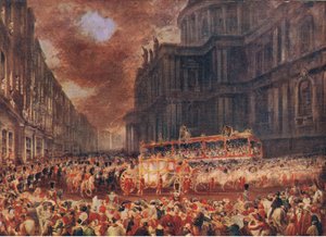 أول زيارة دولة للملكة فيكتوريا إلى مدينة لندن 1837 ، من Cassells History of the British People نشرتها شركة Waverley Book Company Limited ، c.1940 بواسطة جورج هايتر