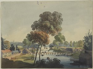 قرية تشيباوا بالقرب من شلالات نياجرا ، c.1801 (مرحاض على ورق منسوج) بواسطة جورج هيريوت