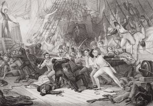 نيلسون يركب سان جوزيف في معركة سانت فنسنت ، 14 فبراير 1797 ، من `` الرسوم التوضيحية الإنجليزية والتاريخ الاسكتلندي &39;&39; المجلد الثاني بواسطة جورج جونز