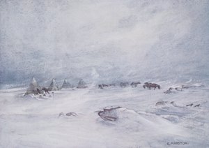 عاصفة ثلجية على الحاجز ، رسم توضيحي من "نمرود في القطب الجنوبي 1907-09" بقلم السير إرنست شاكلتون (1874-1922) بواسطة جورج مارستون