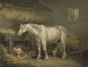 خيول عجوز مع كلب في إسطبل ، حوالي 1791 (زيت على لوح) بواسطة جورج مورلاند