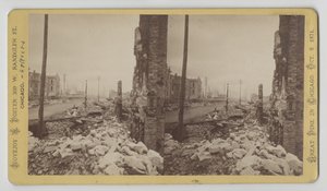 صورة مجسمة لشارع واشنطن من زاوية شارع لاسال باتجاه الشرق بعد حريق شيكاغو عام 1871 ، 1871 (صورة وزن الجسم على حامل البطاقة)