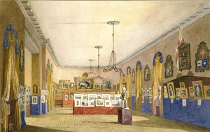 معرض في قاعة المدينة القديمة ، أكسفورد ، 1854 (ألوان مائية وألوان على قلم رصاص على ورق صلب ، وضعت على جبل أصلي) بواسطة جورج باين
