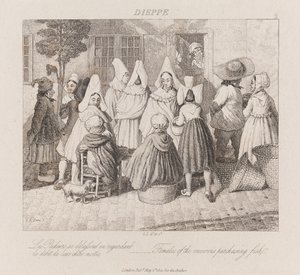 النساء يشترون الأسماك ، دييب ، حوالي 1821 (حفر) بواسطة جورج روبرت لويس