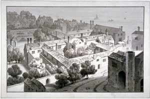 منظر من أعلى لقصر أسقف وينشستر ، ساوثوارك ، لندن ، حوالي عام 1820. بواسطة جورج شيبرد