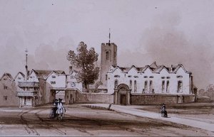 مدرسة Highgate School and Chapel ، حوالي عام 1840 (غسيل الرسم بالحبر البني الداكن) بواسطة جورج سيدني شيبرد