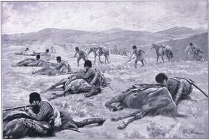 القوزاق وحصانه: جهاز لتأمين الغطاء أثناء المناوشات ، رسم توضيحي من Casells History of Russo-Japanese War Vol 1 ، c.1900 بواسطة جورج صوبر