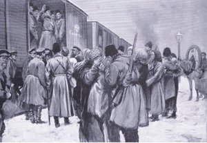 رحيل القوات الروسية إلى الشرق الأقصى ، رسم توضيحي من Casells History of Russo-Japanese War Vol 1 ، c.1900 بواسطة جورج صوبر
