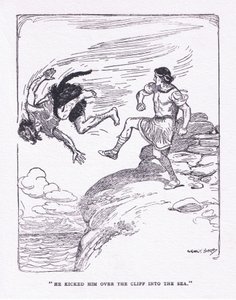 ركله فوق الجرف في البحر ، من كتاب الأبطال الذي نشره جورج ألين وأونوين 1929 (لون ليثو) بواسطة جورج صوبر