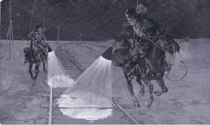 على سكة حديد مانشوريان: دورية ليلية ، رسم توضيحي من Casells History of Russo-Japanese War Vol 1 ، c.1900 بواسطة جورج صوبر