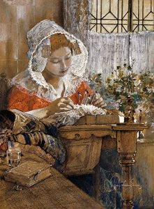 The Flemish Lacemaker ، حوالي عام 1925 (غواش ، باستيل وقلم رصاص على ورق بني) بواسطة جورج وارتون إدواردز