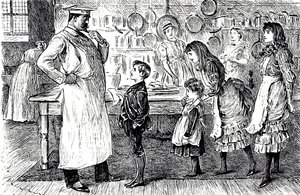 رسم كاريكاتوري يصور طاهياً يتلقى أوامر من أطفال المنزل. رسمه جورج دو مورييه (1834-1896) رسام كاريكاتير ومؤلف فرنسي بريطاني بواسطة جورج دو مورير