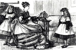 رسم كاريكاتوري يصور أم شابة تستخدم ماكينة خياطة. رسمه جورج دو مورييه (1834-1896) رسام كاريكاتير ومؤلف فرنسي بريطاني