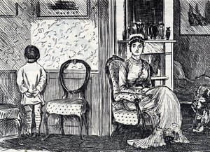 رسم كاريكاتوري يصور أمًا تعاقب ابنها بجعله يقف في مواجهة الحائط