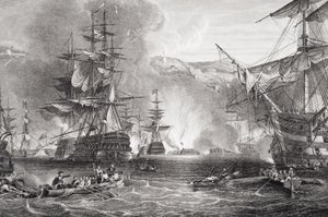 قصف الجزائر ، 27 أغسطس 1816 ، من `` رسوم توضيحية للتاريخ الإنجليزي والاسكتلندي &39;&39; المجلد الثاني (النقش) بواسطة غرف جورج الأكبر