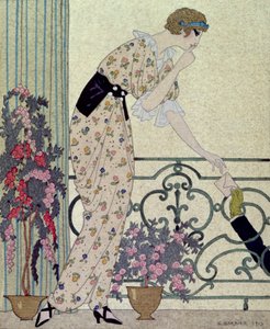 "Gazette du Bon Ton"، لوحة أزياء من "N'en Dites Rien"، سيدة تقف على الشرفة تتلقى رسالة بواسطة جورج (بعد) الحلاق