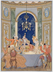 رسم توضيحي من "Les Liaisons Dangereuses" بقلم بيير تشودرلوس دي لاكلوس (1741-1803) نُشر في عشرينيات القرن الماضي (طباعة استنسل) بواسطة جورج (بعد) الحلاق