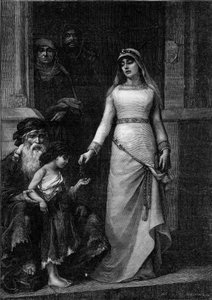 بلانش دي كاستيل ، ملكة فرنسا (1188 - 1252) ، الملقب بحب الفقراء "(1879). نقش بعد اللوحة التي رسمها جورج مورو دو تور (1848-1901) في "" العالم المصور "" رقم 1267 بتاريخ 9 يوليو بواسطة جورج (بعد) مورو دي تورز