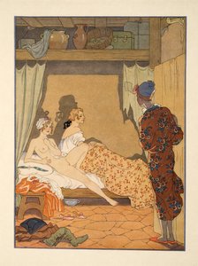 مشهد غرفة النوم ، رسم توضيحي من حانة "Les Liaisons Dangereuses" بقلم بيير تشودرلوس دي لاكلوس (1741-1803). 1934 (طباعة استنسل) بواسطة جورج حلاق