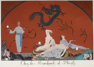 Chez la Marchande de Pasots. أشخاص ، بعضهم عارٍ ، مستلقون في الغرفة. زخرفة صينية. بواسطة جورج حلاق
